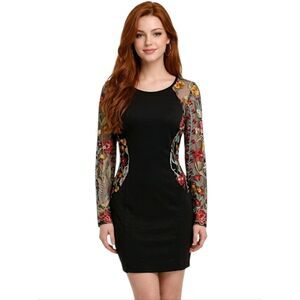 A. Byer Black Floral Embroidery Sheer Long Sleeve Dress Size 7